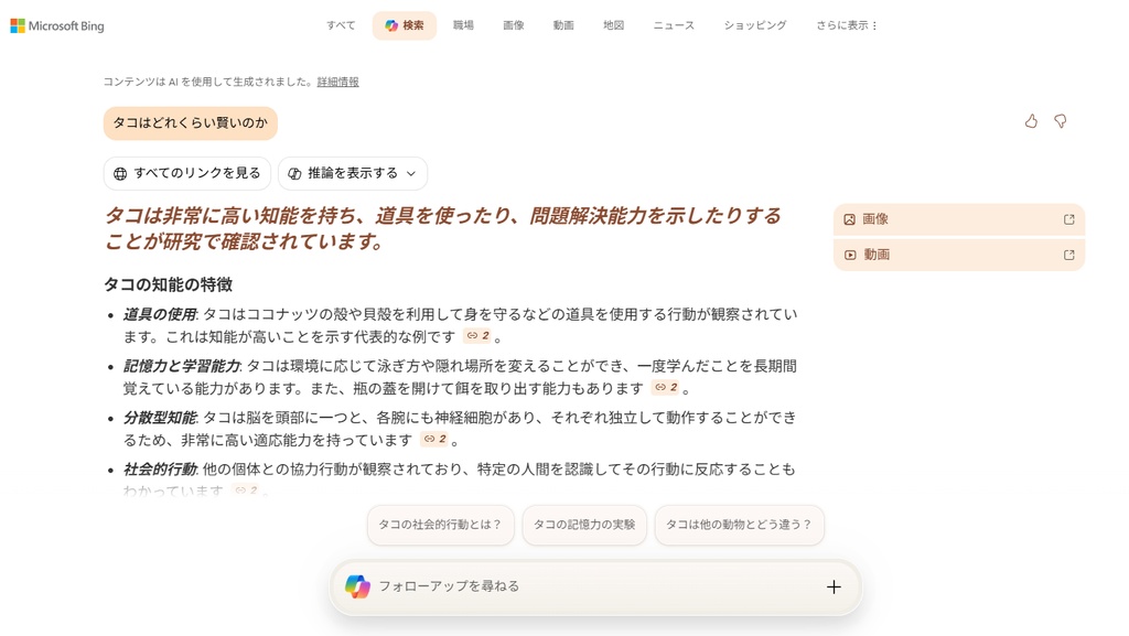 画面キャプチャ - Copilot Search の結果表示画面